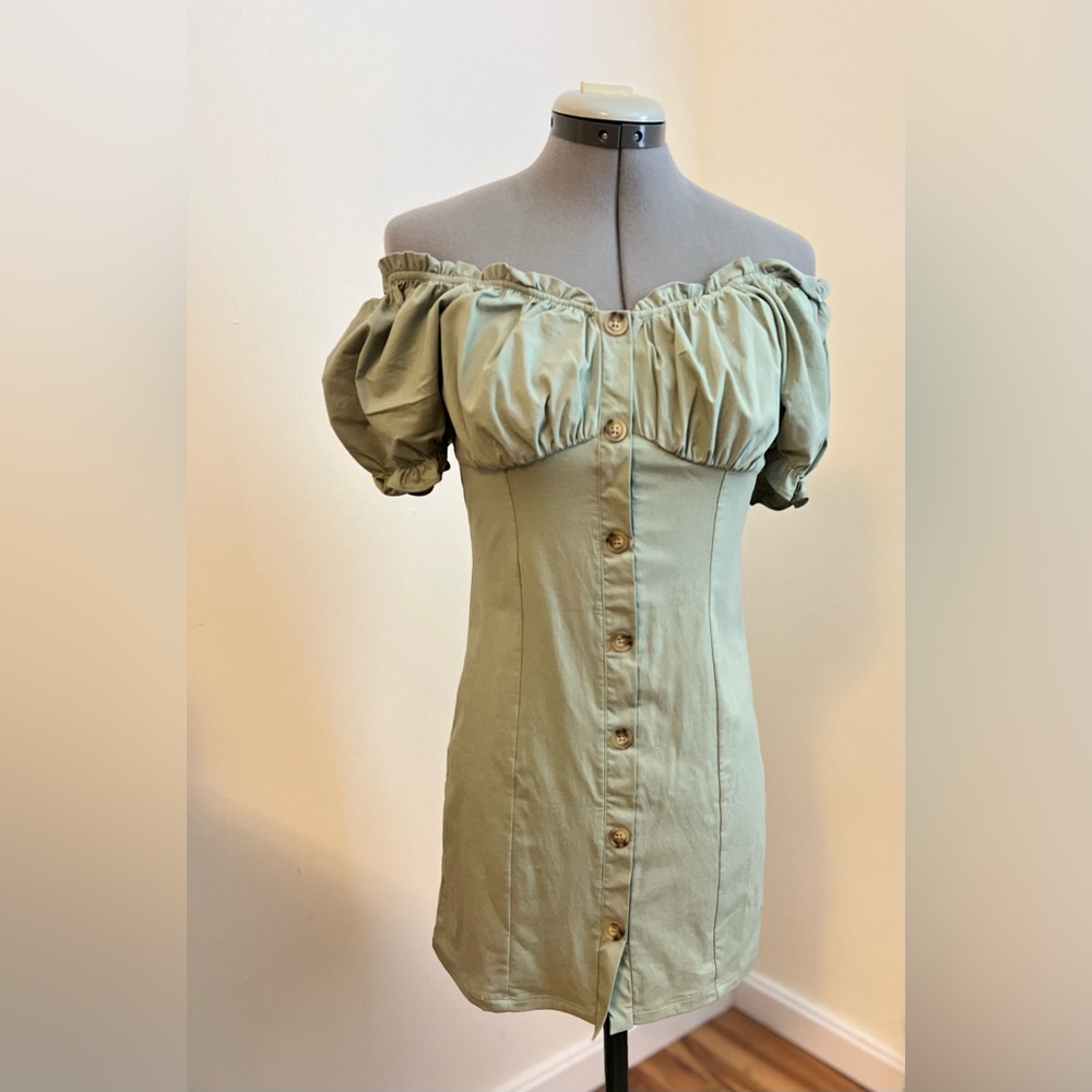 Sage/Olive colored dress with ruffle sleeve